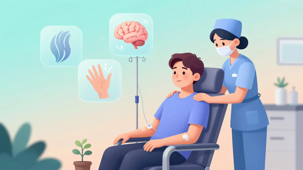Patient receiving IV chemo with floating side effect icons and a supportive nurse in soft gradient colors.