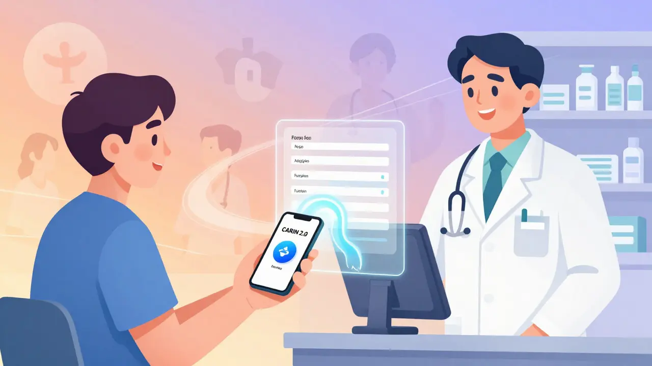 Patient sharing their medical data via smartphone with a pharmacist, as health information flows visually between devices.