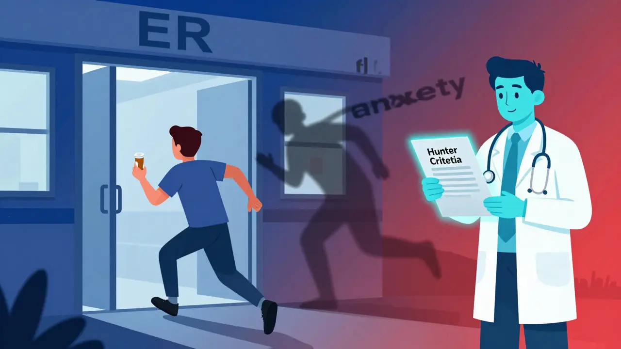 Person rushing to ER with pill bottles as flu and anxiety fade away, doctor holds diagnostic checklist.