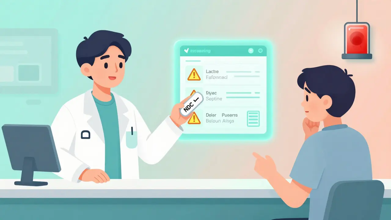 Pharmacist showing a patient a digital breakdown of inactive ingredients in pills, with warning icons and soft gradient lighting.