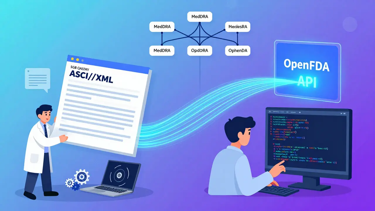 Researcher downloading FAERS data while coder uses OpenFDA API with flowing JSON streams