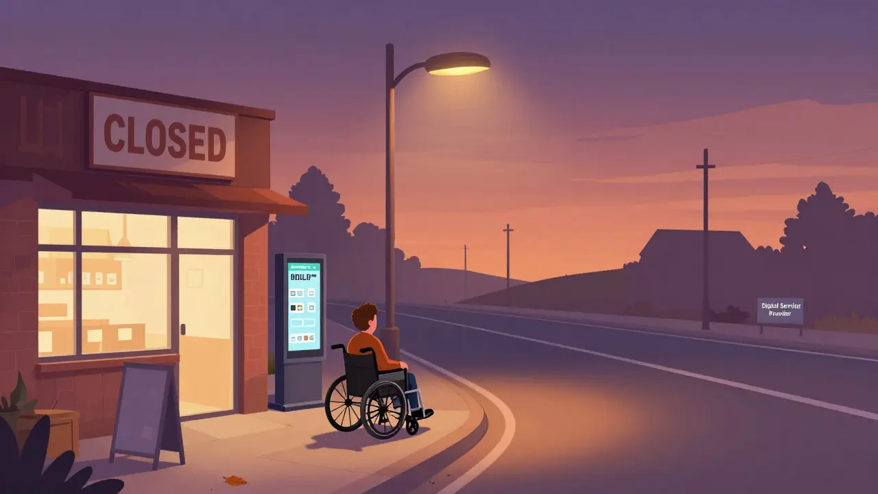 Rural patient outside closed pharmacy, looking toward distant digital kiosk under dim light