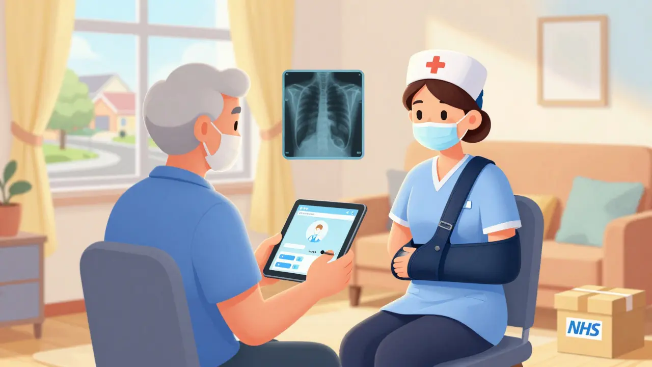 Senior having virtual health consultation at home with nurse avatar on tablet, delivery box nearby