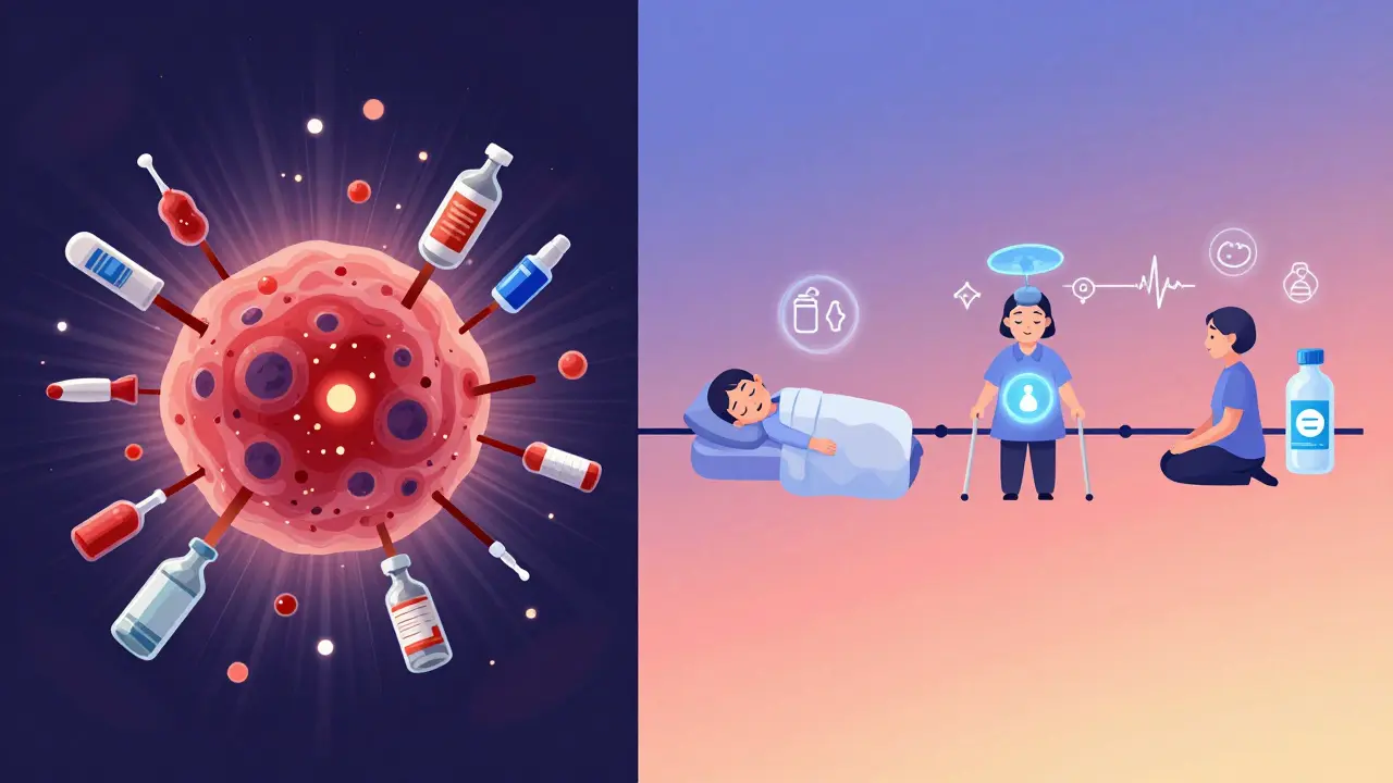 Split illustration showing chemo destroying tumor and patient recovering with wellness symbols in gradient sunset tones.