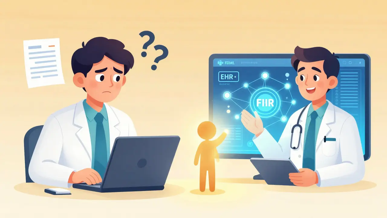 Split illustration showing disconnected paper prescription vs. fully integrated digital health data with glowing connections.