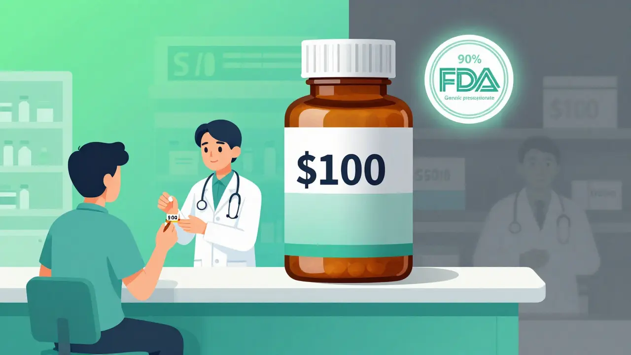 Split pharmacy scene: small generic pill vs. giant brand-name bottle, with FDA seal above.