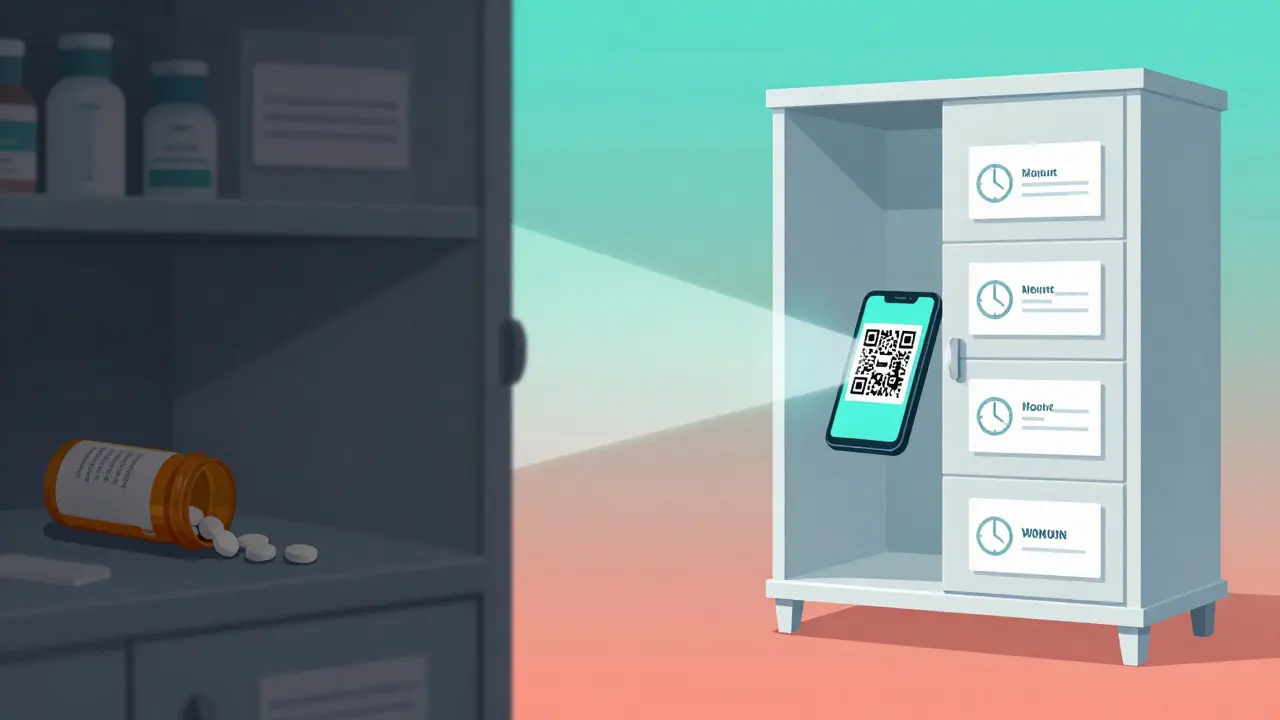 Split scene: chaotic medicine cabinet vs. organized one with clear labels and QR code.