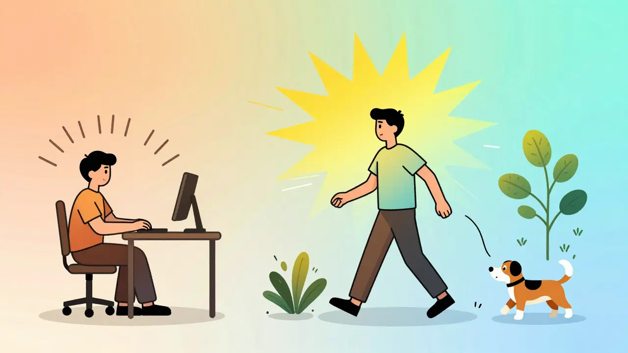 Split scene: sedentary person vs. active person doing daily movements, with vibrant energy bursts representing NEAT.