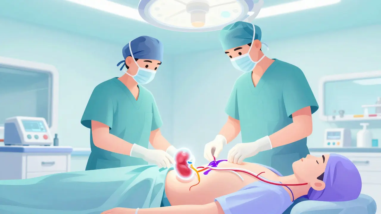 Surgeons placing a glowing kidney during transplant surgery with connected vessels and ureter.