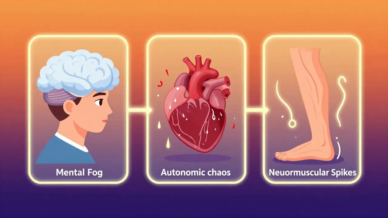 Three glowing panels showing mental, autonomic, and muscle symptoms of serotonin syndrome.