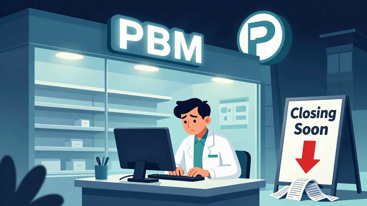 Tired pharmacist faces loss on generic drug reimbursement in a closing pharmacy.