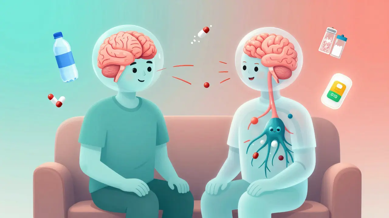 Transparent patient with brain cells swollen and shrunken due to sodium imbalance, surrounded by medical icons.