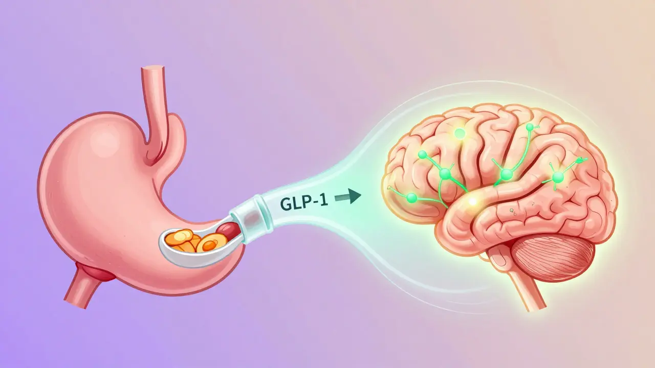 A brain and stomach illustrate how GLP-1 agonists reduce hunger signals and slow digestion with glowing neural activity.
