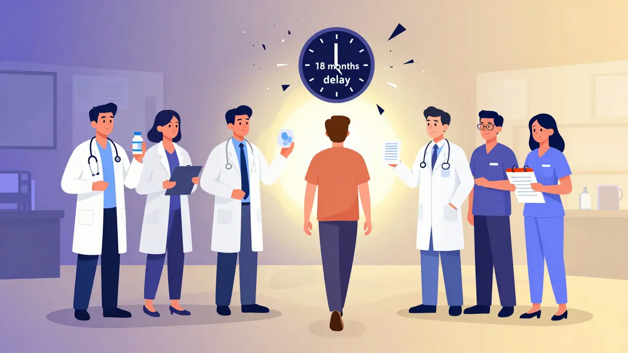 A diverse medical team supporting a patient walking toward light, as a clock labeled '18 months delay' breaks behind them.