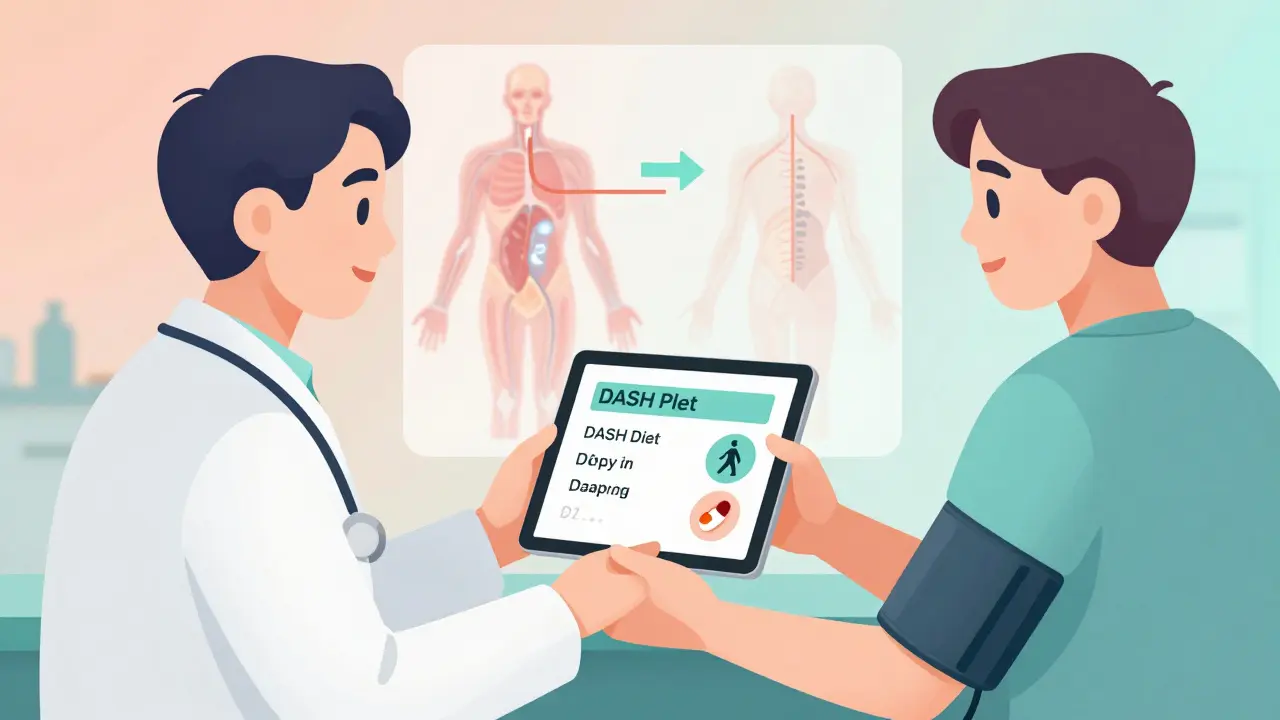 A doctor and patient reviewing a personalized hypertension plan on a tablet.