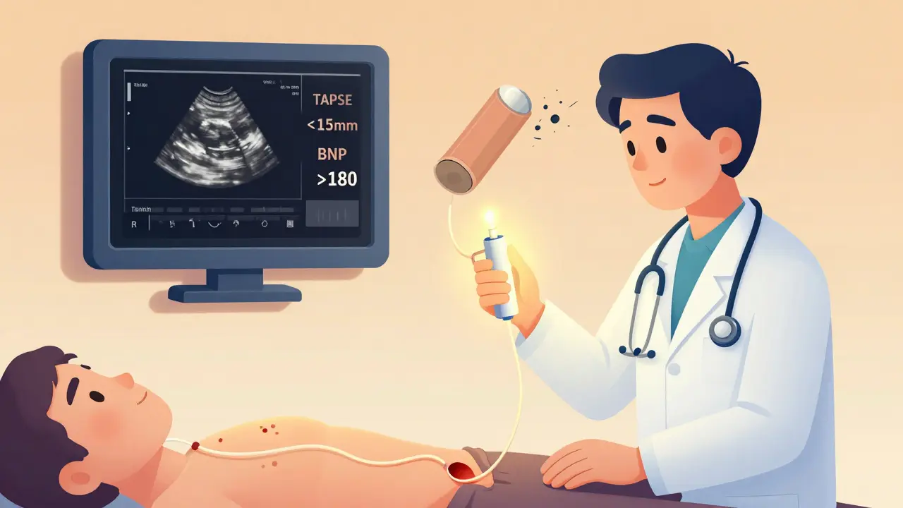 A doctor inserting a glowing catheter into the heart while an echocardiogram shows abnormal readings, with an asthma inhaler fading away.