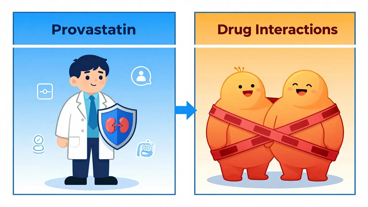 A friendly cartoon comparison of statins, with pravastatin shown as a calm, low-interaction option versus others entangled in warning symbols.
