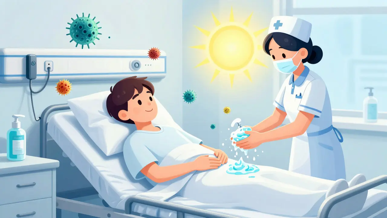A hospital room with C. diff spores on surfaces while a nurse washes hands with soap and water.