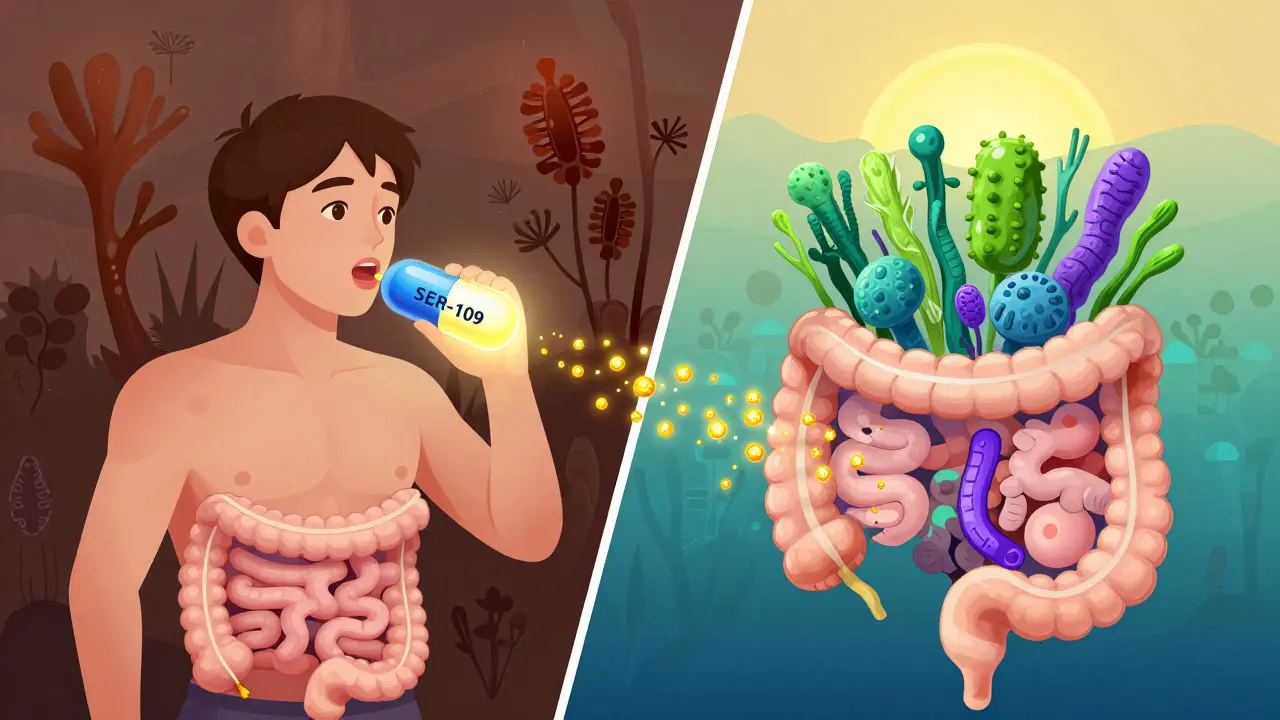 A patient swallowing a capsule that restores healthy gut bacteria, with before-and-after microbiome visuals.