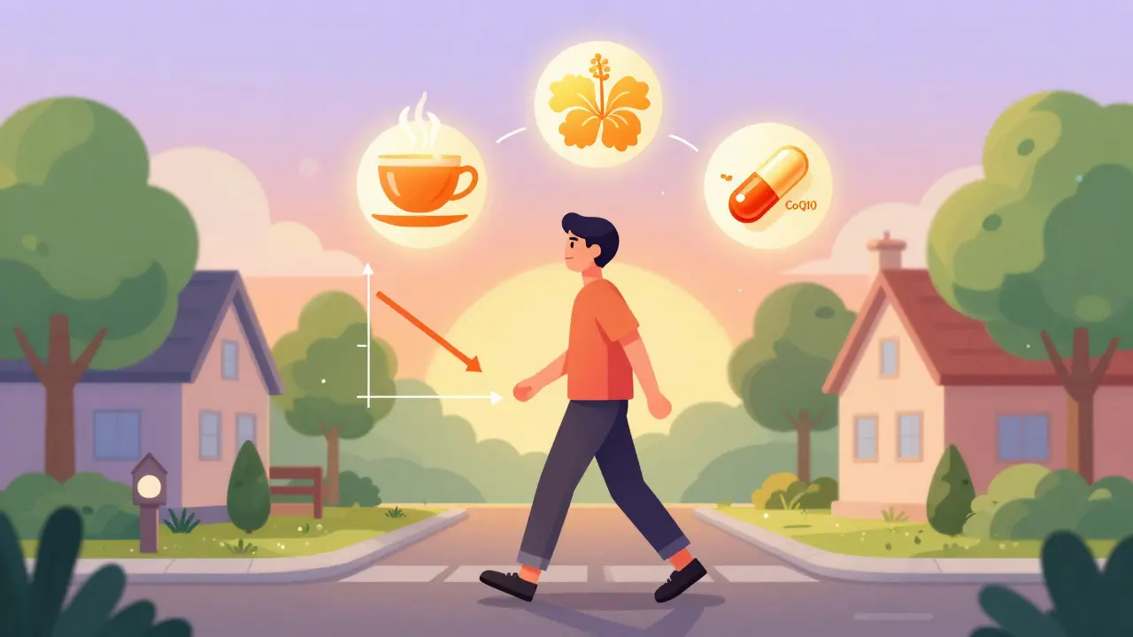 A person walking with floating natural supplements and a falling blood pressure graph.