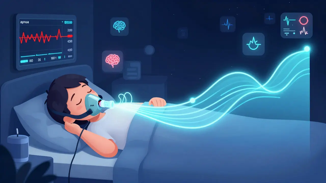 A split-night sleep study shows apnea events resolving with CPAP therapy, oxygen levels rising as air flows gently through a mask.