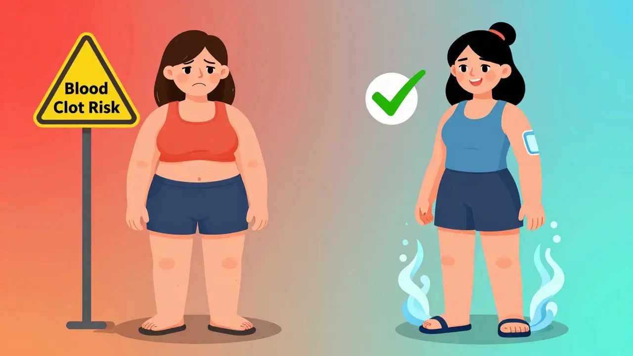 A woman comparing side effects of oral HRT versus patch therapy, with visual indicators of reduced risk and bloating.