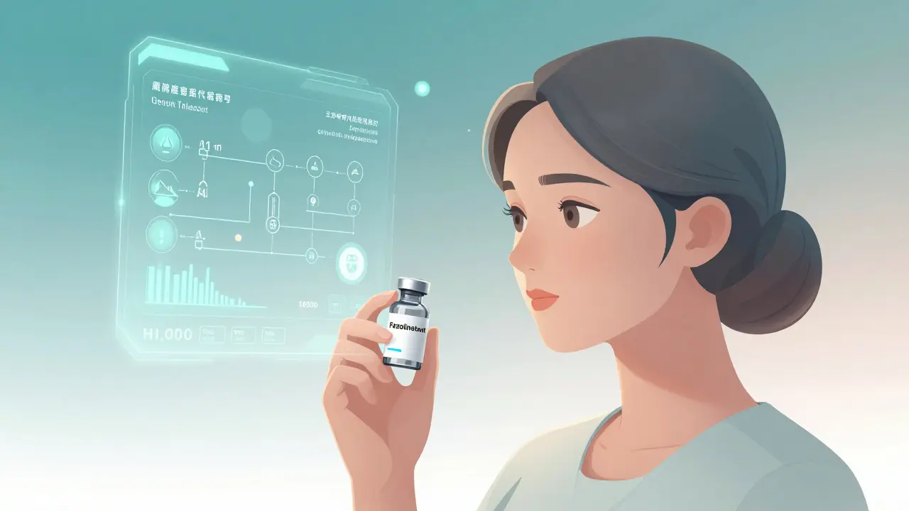 A woman with a floating personalized medical interface showing AI-recommended menopause treatment options.