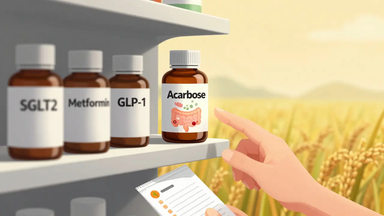 Acarbose pill glowing on shelf with gut microbes and probiotics nearby, representing its role in diabetes management.