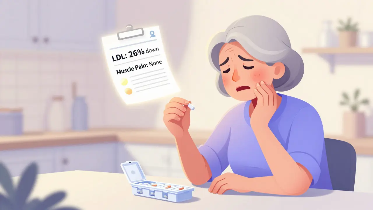 An older woman takes pravastatin, with a glowing report showing improved cholesterol and no muscle pain.