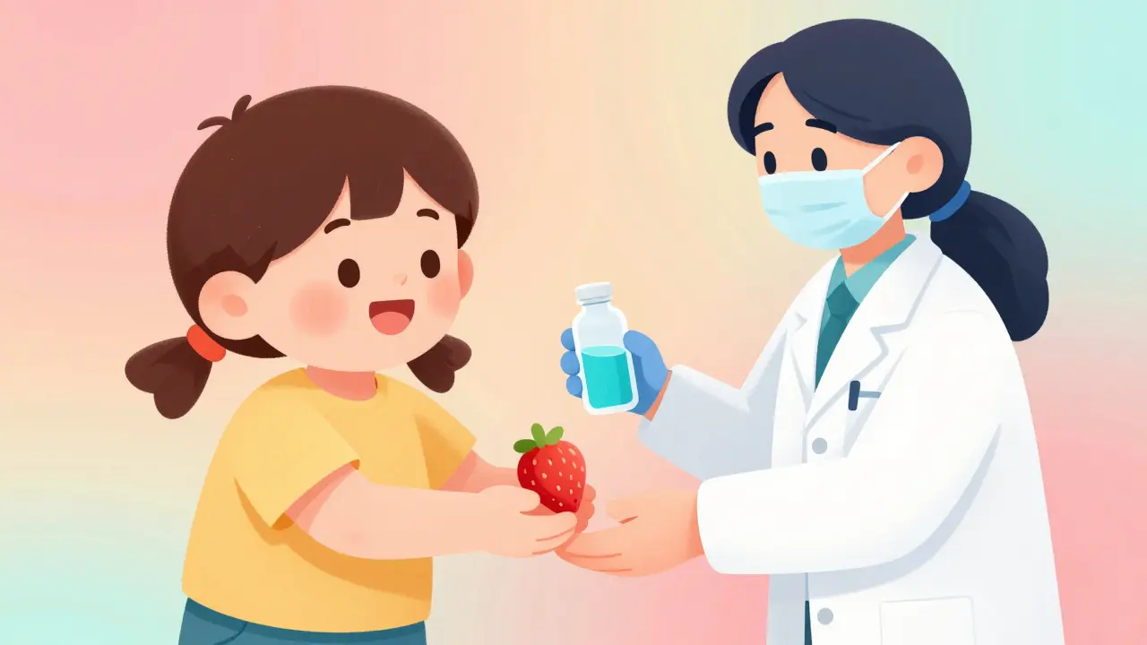 Child taking strawberry-flavored liquid medicine from pharmacist with parent