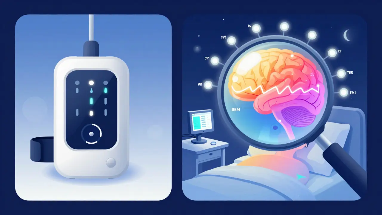 Comparison of a basic home sleep test versus a full polysomnography setup with multiple physiological signals mapped in vibrant gradients.