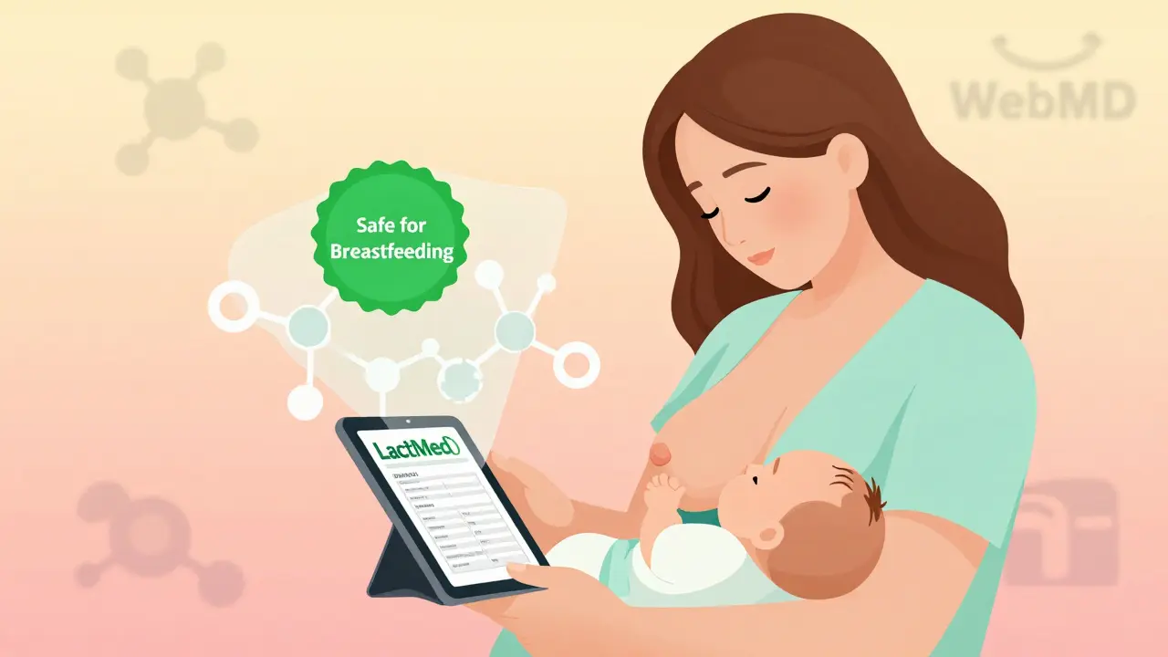 Mother checking LactMed safety data while baby sleeps nearby