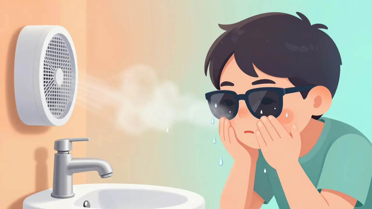 Person washing face with sunglasses and HEPA filter nearby, allergens dissolving