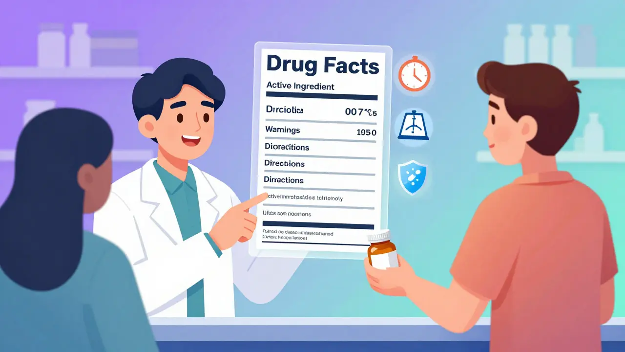 Pharmacist explaining a transparent Drug Facts label with animated icons in gradient cartoon style.