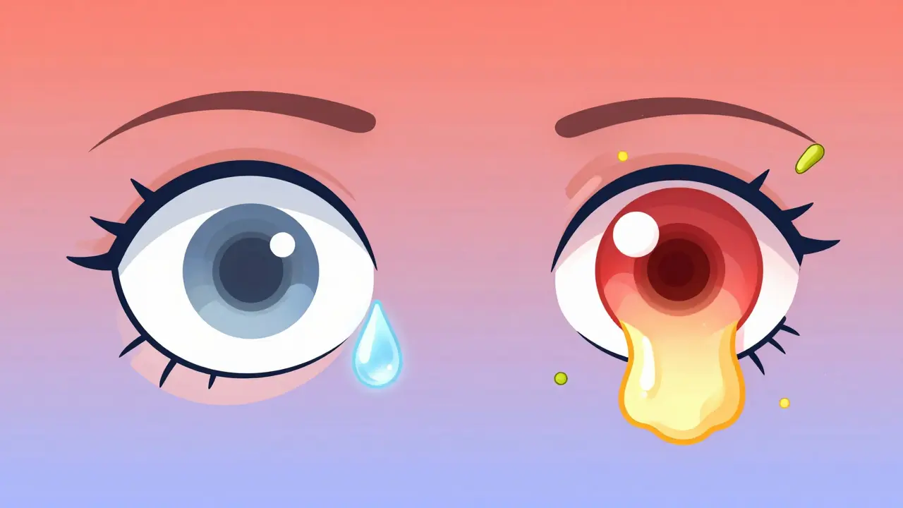 Side-by-side comparison of healthy and allergic eyes with floating allergens
