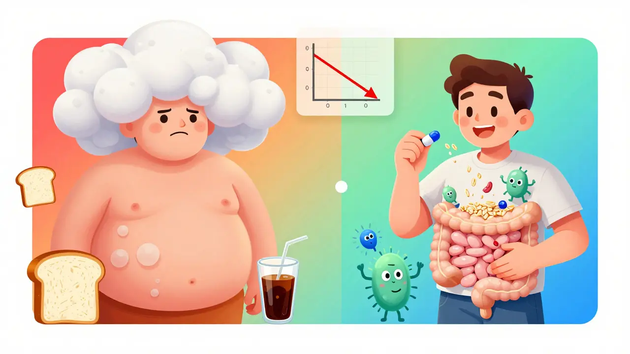 Split image: one side shows bloating from unhealthy carbs, other side shows relief with whole grains and probiotics.