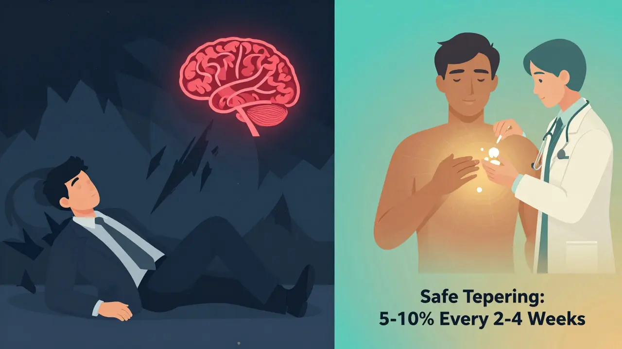 Split scene showing one person losing their life to addiction and another safely tapering opioids under medical care with calming gradients.