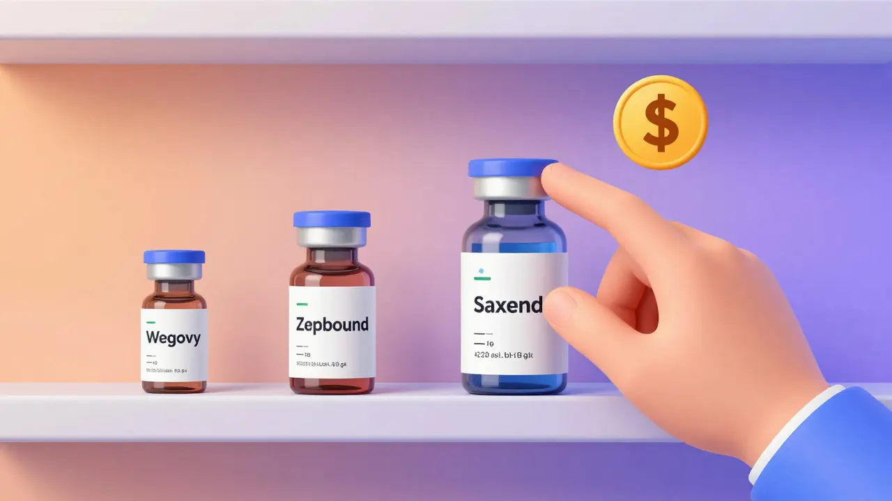 Three weight loss medications on a shelf are compared by effectiveness, with cost and side effect icons nearby.
