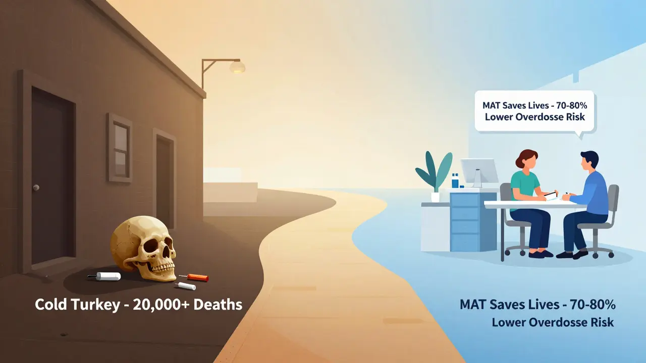 Two diverging paths: one to a dark alley with drugs and death, the other to a hopeful clinic with medication-assisted treatment and recovery.