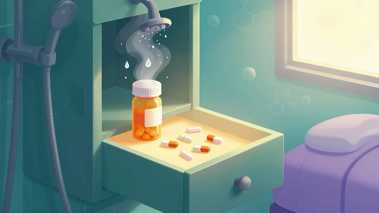 A bathroom cabinet leaking moisture into pills vs. a dry drawer preserving them, shown in gradient colors.