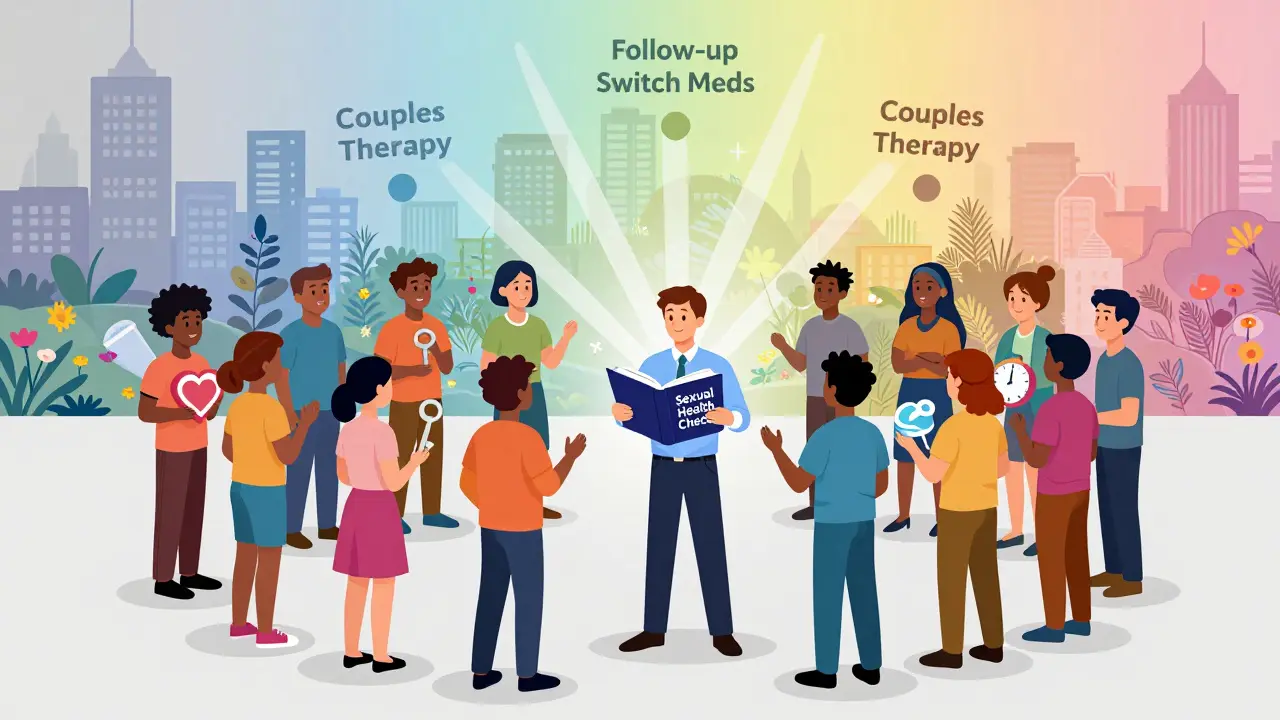 A diverse group receives support from a counselor, with symbols representing solutions to sexual side effects.