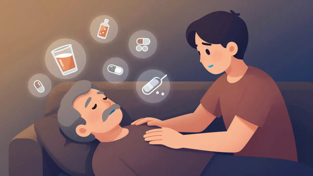 A family member trying to wake an unresponsive older adult with blue lips, surrounded by icons of alcohol and pills.