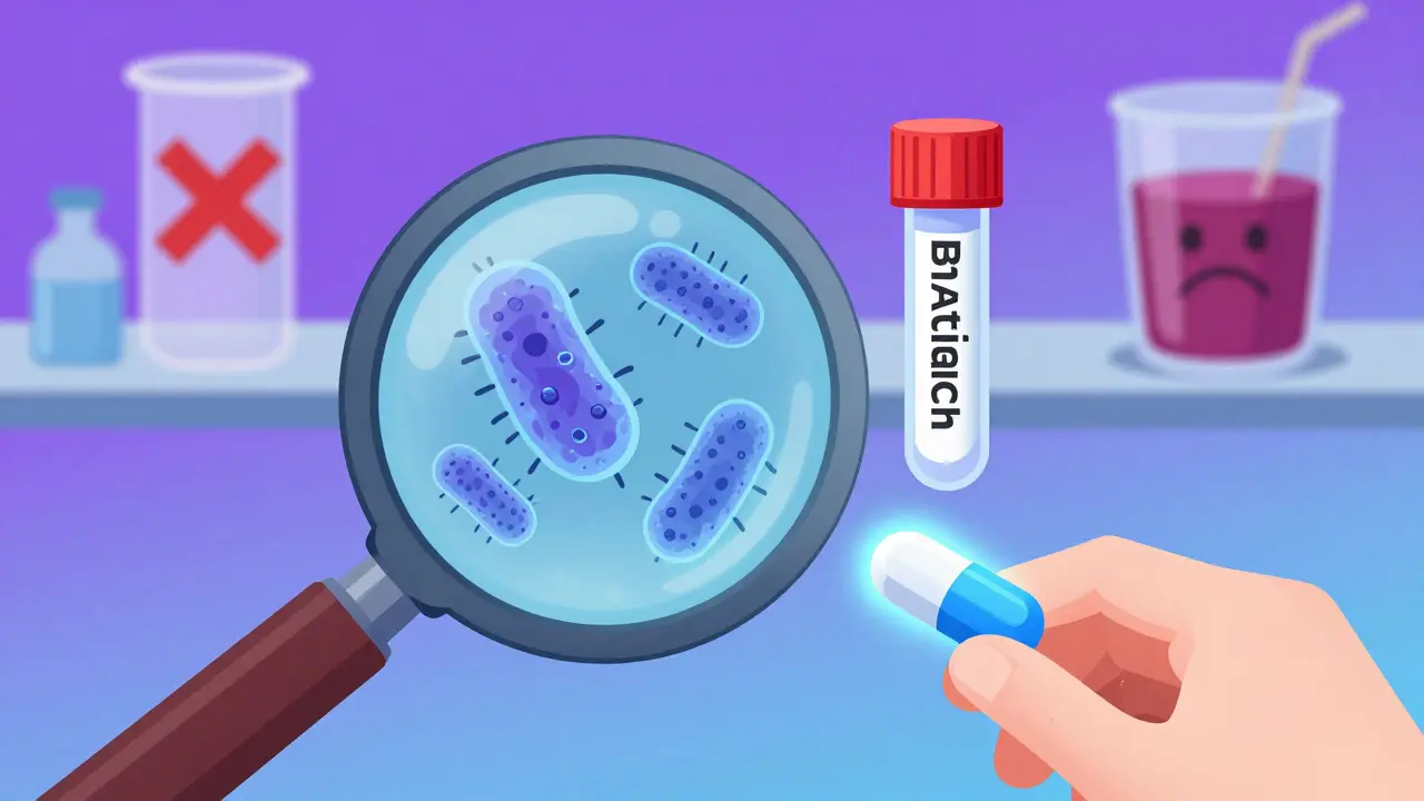 A magnified urine sample with resistant bacteria and a glowing new antibiotic pill, surrounded by failed treatments fading away.