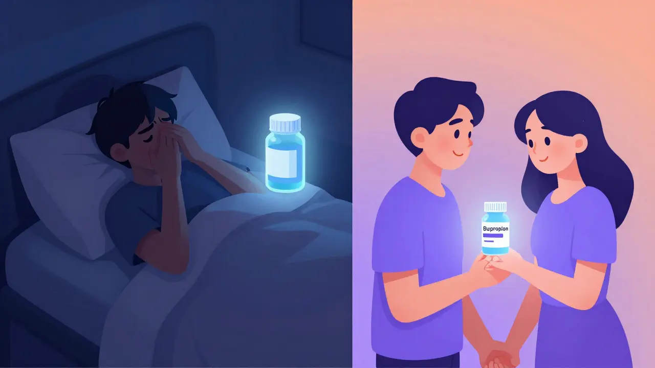 A person transitions from isolation with medication side effects to connection and relief with a new treatment.