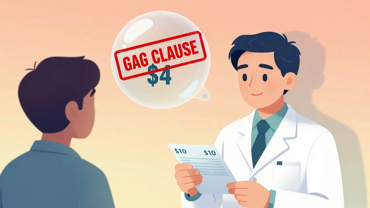 A pharmacist sees the true cash price of a drug but is silenced by a gag clause blocking communication to the patient.