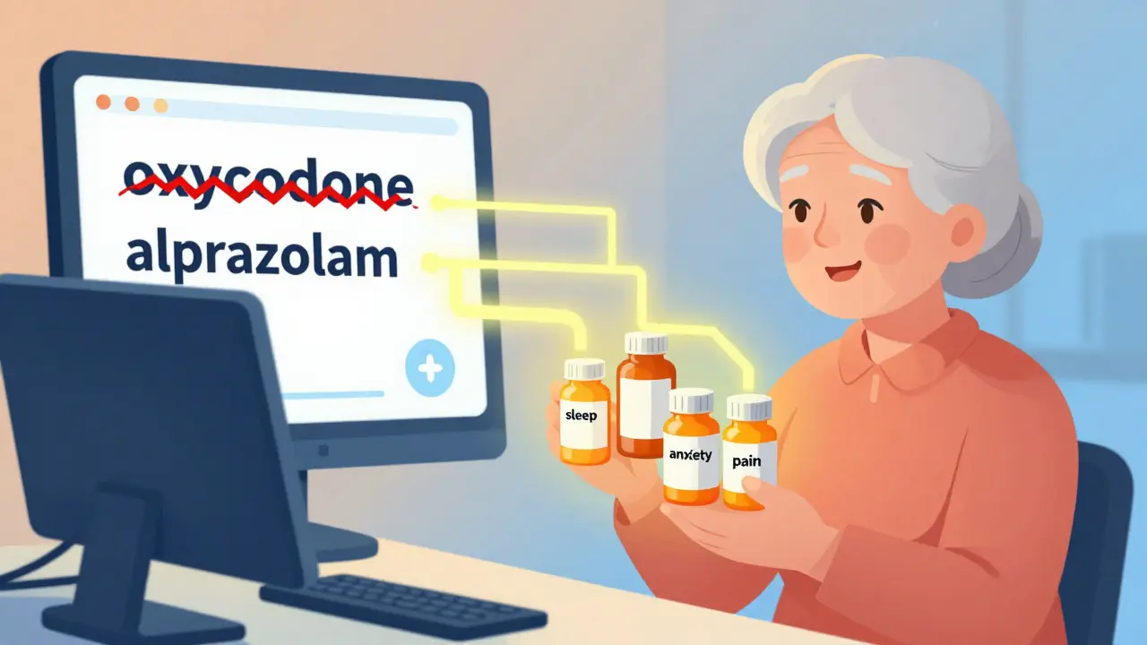 An elderly woman holding three pill bottles, with warning signs on a doctor's screen showing dangerous drug combinations.
