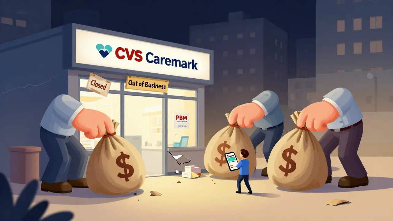 An independent pharmacy closes as PBM corporations extract profits, while a patient uses a discount app to find the real price.