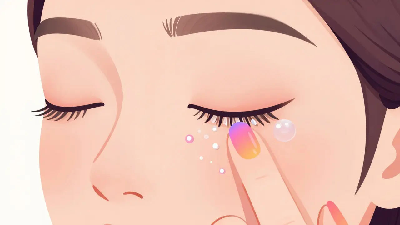 Cartoon drawing showing allergen transfer from nail polish to eyes.