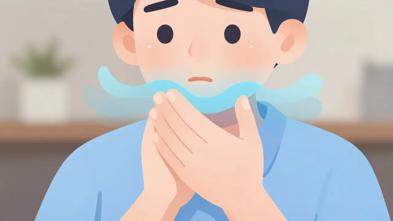 Character holding jaw with blue waves indicating numbness and discomfort.