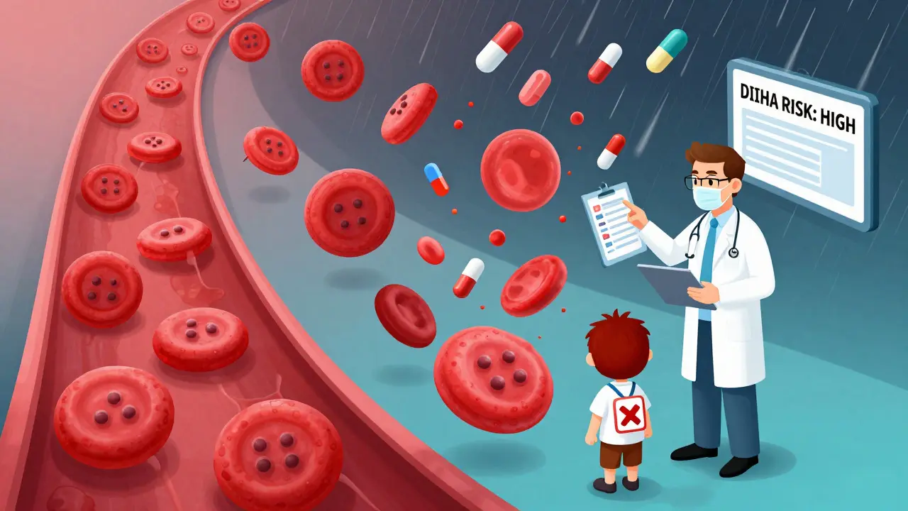 Contrasting healthy vs. destroyed red blood cells with pharmacist and EHR alert, illustrated in gradient cartoon style.